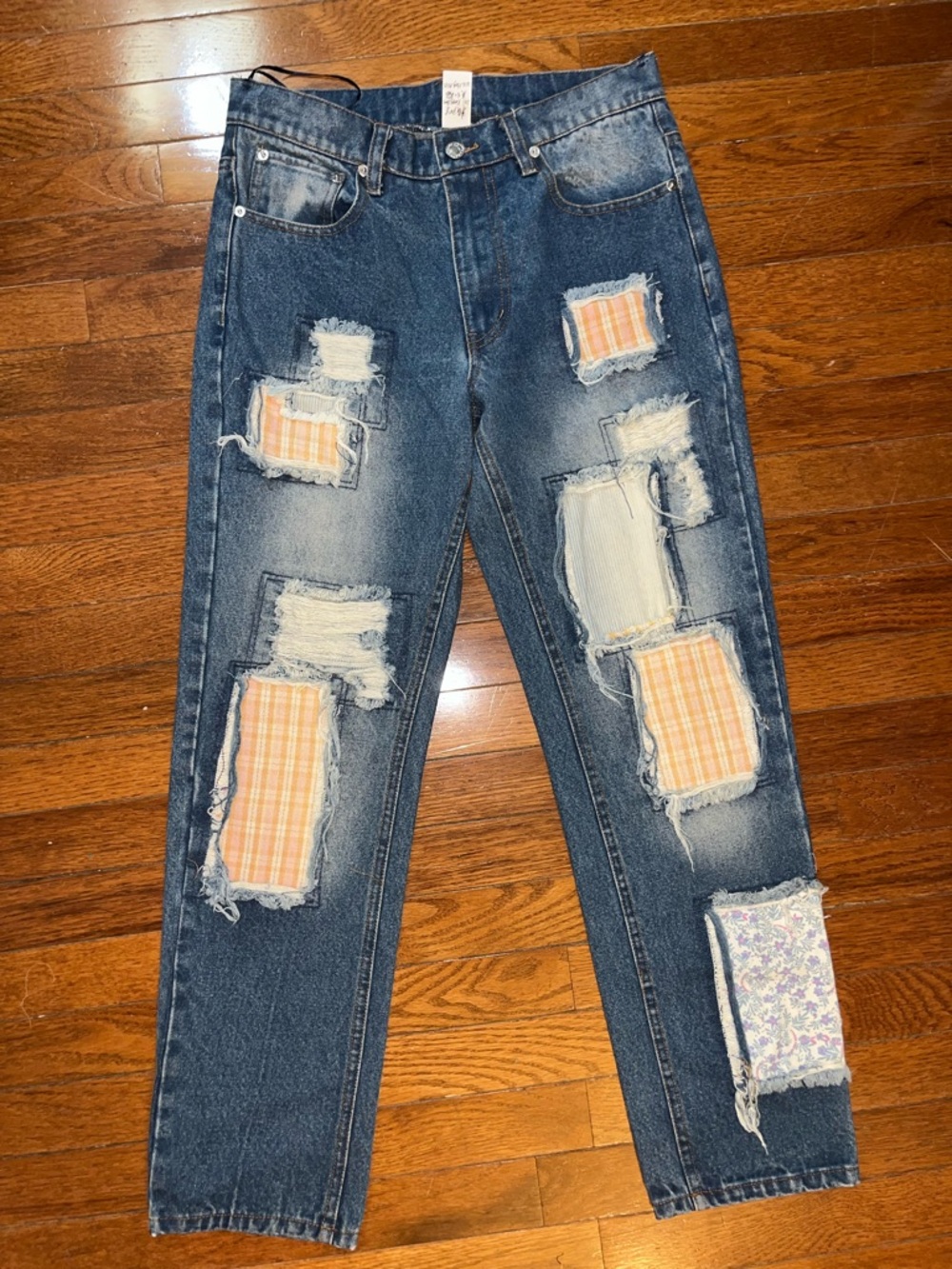 NEW Boutique sample SMALL Patchwork Distressed Jeans with Plaid / Floral Accents